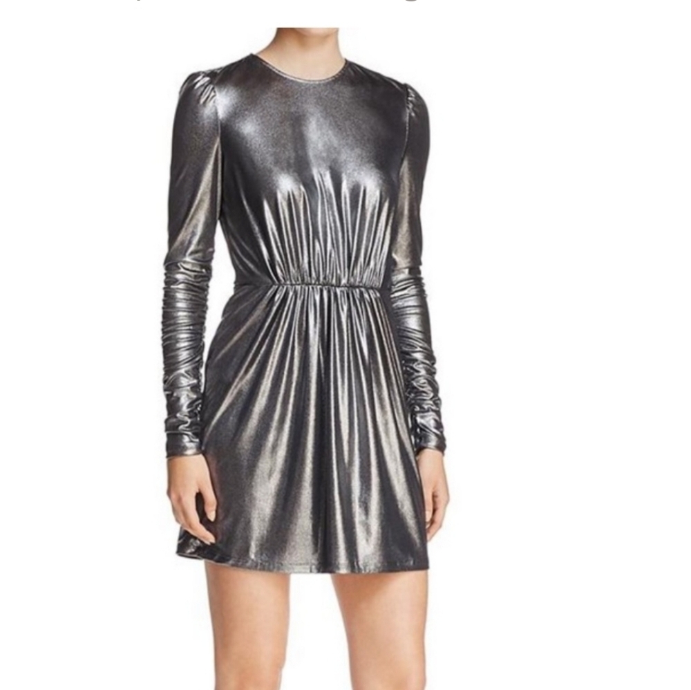 Aqua Silver A line Sheath Dress Bishop Long sleeve Mandarin Collar cocktail XS